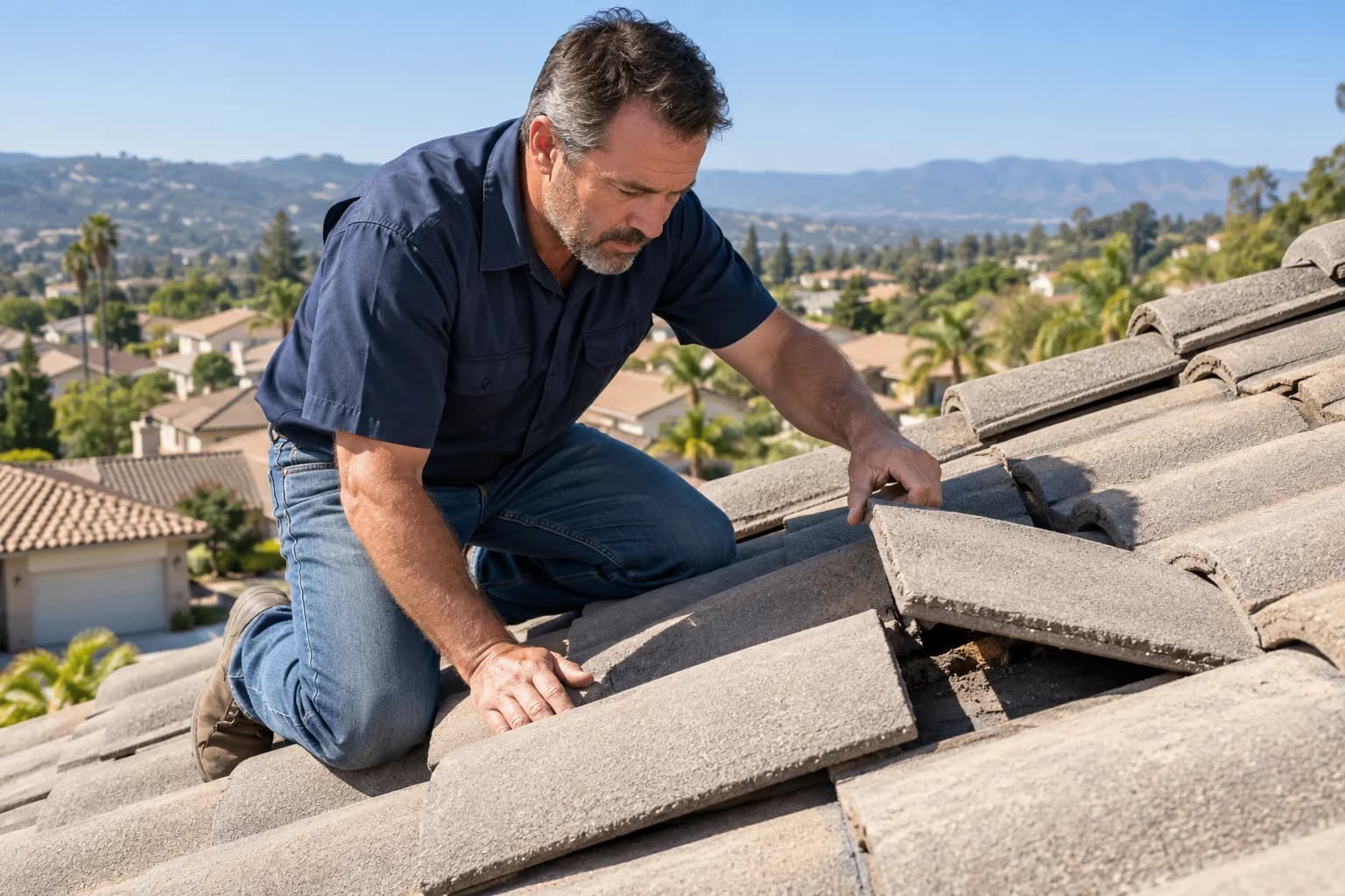 A roofing contractor inspecting a tile roof