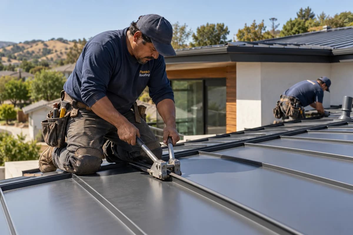 Metal Roof Installation: a roofer at work